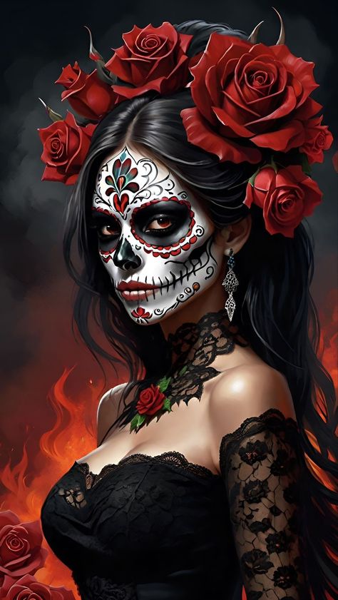 Mexican Culture Tattoo For Women, Mexican Sugar Skull Art Beautiful, Day Of The Dead Girl Tattoo, Sugar Skull Art Drawing, Paint Halloween, Halloween Makeup Sugar Skull, Day Of The Dead Girl, Roses Wreath, Sugar Skull Artwork