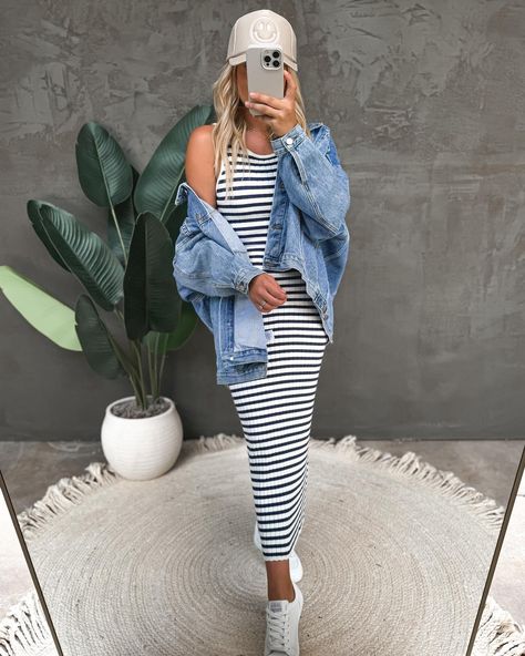 #taptoshop #summerfashion #boutique Stripped Dresses Outfits, Strip Dress Outfit, Stripped Dress Outfit, White Striped Dress Outfit, Ribbed Dress Outfit, Casual Fall Dress, Striped Dress Outfit, Striped Casual Dresses, Tank Dresses Outfit