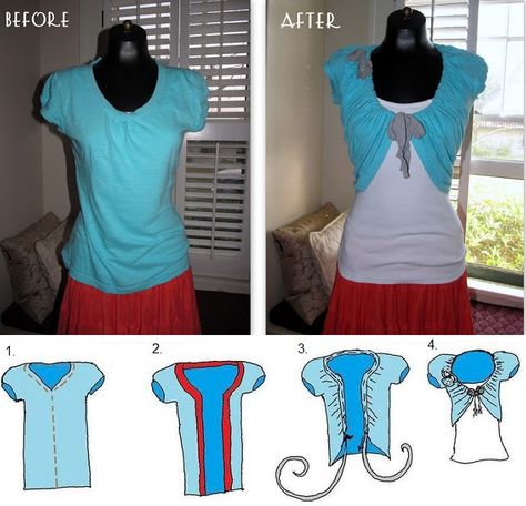 Cute-Bolero-Made-from-an-Old-T-shirt                                                                                                                                                     More Diy Vetement, Shirt Refashion, Old Clothes, Old T Shirts, Crafts For Girls, Diy Shirt, T Shirt Diy, Upcycle Clothes