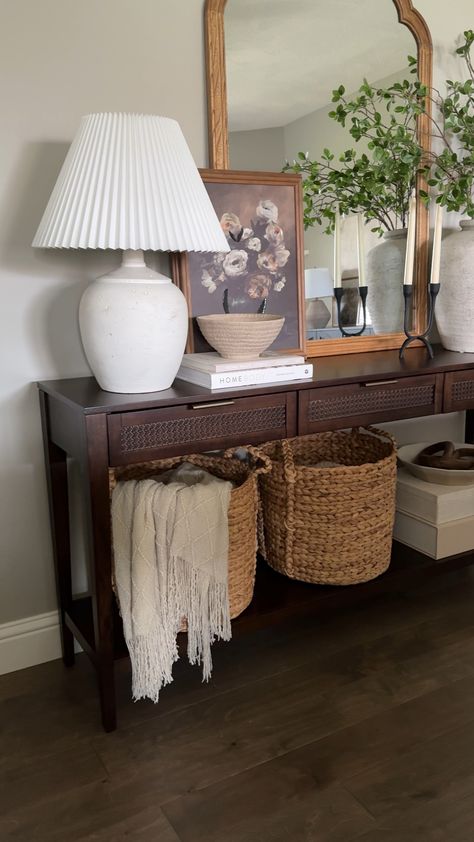 Shop East Bluff Woven Drawer Console … and other curated products on LTK, the easiest way to shop everything from your favorite creators. Entry With Console Table, Underneath Console Table Decor, Console Table With Two Lamps, Entryway Table With Baskets, Studio Mcgee Home Decor, How To Style A Entryway Table, Entryway Behind Couch, Styling A Credenza, Console Table With Baskets