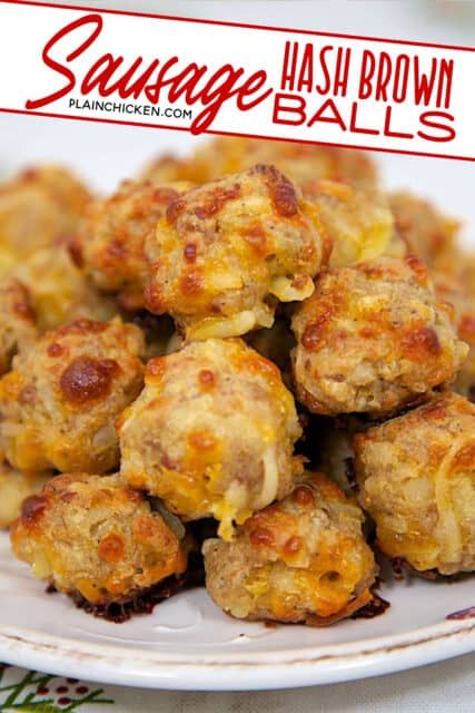 Sausage & Hash Brown Balls {Football Friday} - Plain Chicken Meatball Hashbrown Casserole, Sausage And Hashbrown Balls, Make Ahead Snack Ideas, Hash Brown And Sausage Bites, Hashbrown Sausage Balls, Easy Savory Appetizers, Breakfast Apps, Breakfast Sausage Balls, Brunch Meat