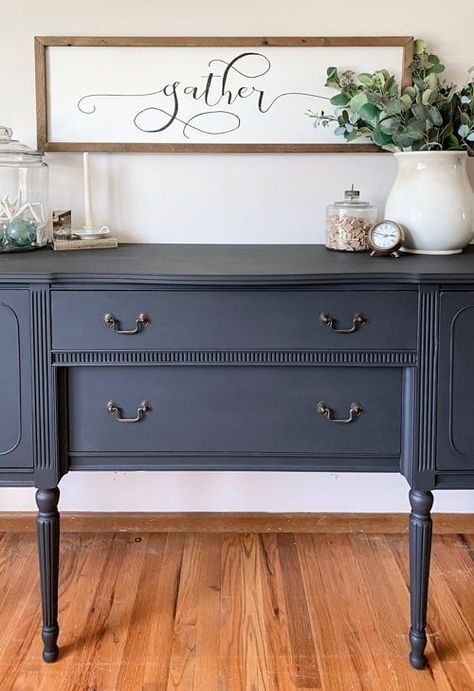 This Painted Black Buffet Makeover really made this thrift store buffet more regal and stunning with the combination of black and brass. Vintage Buffet Makeover Farmhouse, Repainted Sideboard, Painted Credenza Ideas, Painting A Buffet Cabinet, Refurbished Buffet Cabinet, Refinished Buffet Sideboard, Diy Farmhouse Buffet, Antique Buffet Makeover, Black Buffet Table