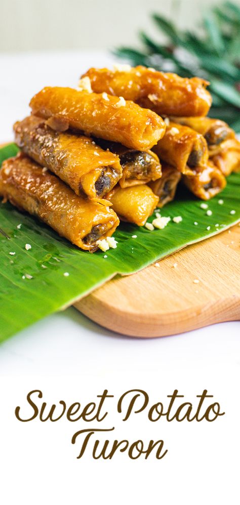 This Sweet Potato Turon is a favorite Filipino snack that is crunchy, sweet, delicious and easy to make! They are vegan, addicting and budget-friendly! Filipino Sweet Potato Recipe, Ube Turon, Potato Spring Rolls, Turon Recipe, Ube Roll, Okinawan Sweet Potato, Easy Sweet Potato, Filipino Food Dessert, Filipino Dessert