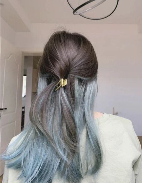 Icy Blue Short Hair, Light Blue Peek A Boo Hair, Light Brown Blue Hair, Underneath Blue Hair, Light Blue Peekaboo Hair, Light Blue Highlights In Brown Hair, Icy Blue Highlights, Light Blue Ombre Hair, Blue Hair Underneath