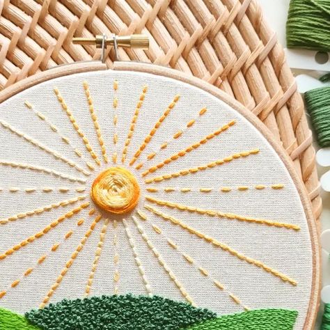 Beatrice on Instagram: "☀️ Here comes the sun 💚  My newest design is finally available! It's designed as a stitch sampler, so it's perfect for beginners as almost each different element has just one colour and one (or two) stitch. You'll have the chance to learn or just practise 10 basic stitches, one at the time 🪡 It's available as digital PDF and full embroidery kit, and it is also possible to add it in my kit bundles of 2 or 3 different designs 😉  #etsylove #etsy #EtsyUK #herecomesthesun #EmbroideryForBeginners #LearningEmbroidery #embroidelicious #ModernEmbroidery #EmbroiderersOfInstagram #Spring #SpringIsComing #vitaminD #sunshine #rollinghills #springlandscape #StitchSampler" Sun Embroidery Pattern, Sunrise Embroidery Pattern, Sunshine Embroidery Pattern, Sunshine Embroidery Design, Maternity Embroidery, Sunshine Cross Stitch, Sun Cross Stitch, Sunshine Embroidery, Embroidery Rainbow