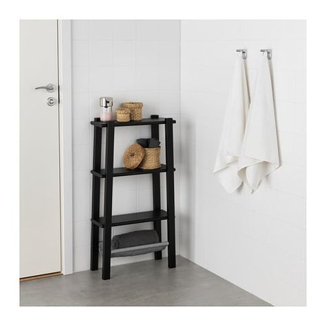 VILTO Shelf unit IKEA The open shelves are perfect for perfume bottles or other things that you use frequently. Ikea Vilto, Hygge House, Bathroom Table, Narrow Shelves, Apartment Checklist, Narrow Bathroom, Black Shelves, Storage Tips, Large Shelves