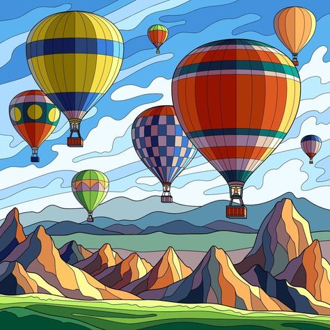 Istanbul Hot Air Balloon, Capadocia Drawing, Hot Balloon Drawing, Hot Air Balloon Painting, Hot Air Balloon Drawing, Hot Air Balloons Art, Balloons Art, Modern Art Canvas Painting, Balloon Illustration