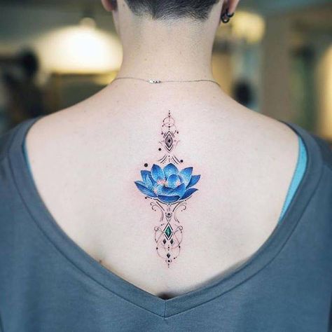 Blue lotus flower tattoo on the upper back by Nando done in Seoul Blue Lotus Flower Tattoo, Blue Lotus Tattoo, White Lotus Tattoo, Flower Neck Tattoo, Lotus Flower Tattoo Meaning, Tattoo Son, Lotus Flower Tattoo Design, Lotus Tattoo Design, Flower Tattoo Meanings