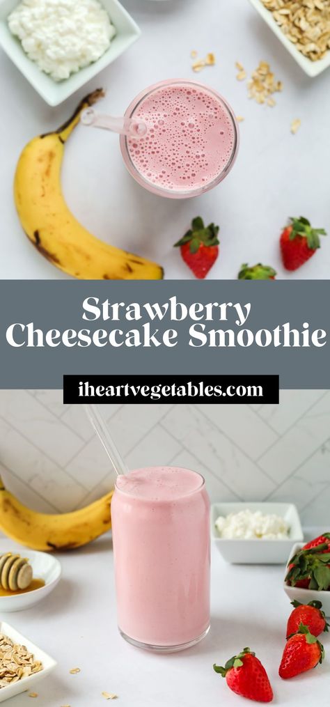 This strawberry banana smoothie is made with cottage cheese for a uniquely creamy texture! It’s packed with protein and it’s a deliciously filling breakfast for busy days. Cottage Cheese Smoothie Healthy, Smoothie Cottage Cheese, Protein Shake With Cottage Cheese, Strawberry Cottage Cheese Smoothie, High Protein Breakfast Cottage Cheese, Blended Cottage Cheese Recipes, Cottage Cheese Smoothie Recipes, Strawberry Cheesecake Smoothie, Strawberry Banana Protein Smoothie