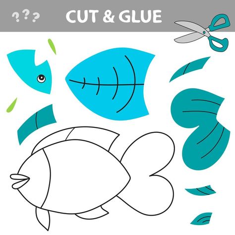 Cut and glue - Simple game for kids. Paper game for kids. Simple kid with Fish Paper Games For Kids, Easy Games For Kids, Toddlers Activities, Work Sheet, Kids Worksheets, Kids Worksheets Preschool, Cut And Glue, Worksheets Preschool, Kids Cuts