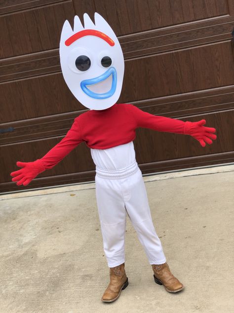 Make your own Forky costume from Toy Story 4 by wearing white pants, white undershirt, red long sleeve shirt folded and pinned up and red gloves! Pair these up with a Forky mask from Party City for $12 and a rainbow sticker to complete the costume #forky #forkycostume #toystory4 #toystory  #halloweencostumes #diy #diycostumes #diyhalloweencostume Toy Story Spork Costume, Sporky Toy Story Costume, Forky Halloween Costume, Rex From Toy Story Costume Diy, Tv Commercial Costumes, Diy Forky Costume, Diy Forky Toy Story Costume, Forky Costume Diy, Toy Costume Ideas