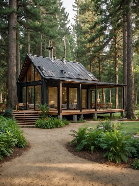 Forest Cottage Exterior, House In Pine Forest, Cozy Stone House, Small Home In The Woods, Wood Cabin Ideas, Tiny House With Big Windows, Outside Studio, Woods House, Farmhouse In The Woods