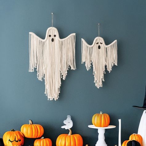 Spooky chic! Elevate your Halloween with our stylish decor. 👻🎃 Discover more of our Halloween Collection at our Esty or contact us directly! #BeanDaikon #MacrameHanger #HomeDecor #FreshVibes #HomeMade #HomeDecor #InteriorDesign #MacrameLove #HomeDecorIdeas #UniqueGifts #HomeDesignInspiration #HandmadeDecor #BohemianChic #BohoWallArt #BohoArt #HalloweenDecor #GhostDecor #PumpkinDecor Goth Tapestry, Spooky Garland, Macrame Ghost, Halloween Macrame, Felt Ghost, Gothic Halloween Decor, Art Party Decor, Gothic Decor Bedroom, Ghost Decor