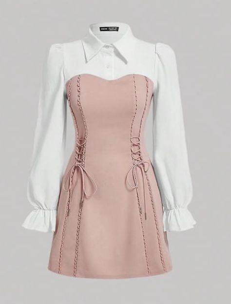 Cute Dresses With Long Sleeves, Pink Dress Collar, Fantasy Dress Casual, Cute Pink Clothes, Pink Dress Elegant, Pink White Outfit, Rich Dresses, Rose Clothes, Pink And White Outfit