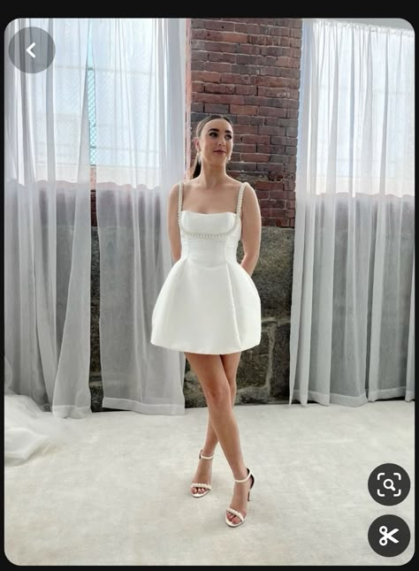 A Line Mini Wedding Dress, Wedding Reception Mini Dress, Bridal Shower Ideas Outfits, Wedding Dress Reception After Party, Bride After Party Dress, After Party Wedding Dress Short, Wedding Dress After Party, Bridal After Party Dress, Mini Dress With Pearls