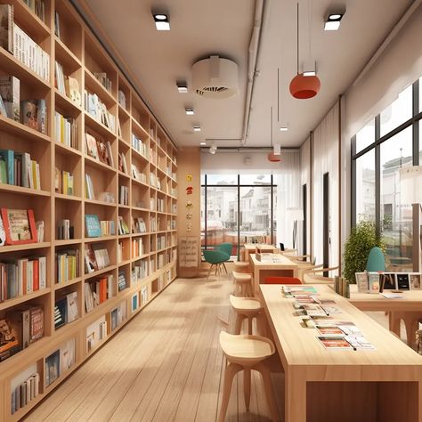 The image shows a modern library with wooden bookshelves and a large reading area. There are many books on the shelves and people can sit at the tables and read them. The library is very bright and there are many windows. Scandinavian Library, Bookstore Inspiration, Library Nook, Wooden Bookshelves, Small Library, Library Shelving, Bookstore Design, Library Project, Library Shelves