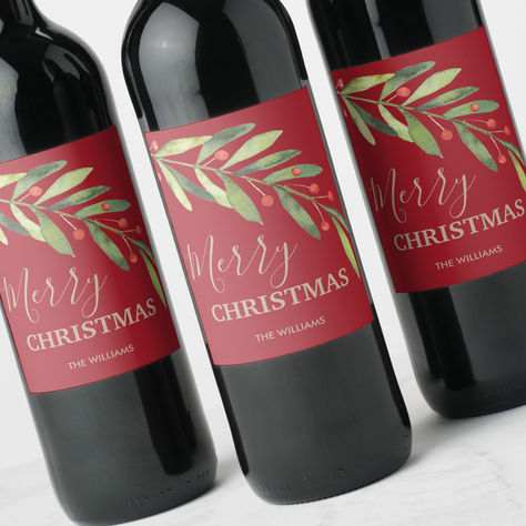 Branch and Berries Holiday Christmas Red Wine Labels Christmas Wine Labels, Red Christmas Party, Red Wine Labels, Personalized Wine Bottle, Wine Gift Bags, Make Your Own Wine, Christmas Elegant, Personalized Wine Bottles, Christmas Holiday Photos