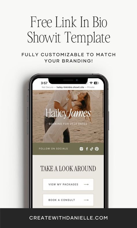 Ever feel like you're doing more work for other platforms than for your own business website? It's time to switch to an Instagram Link in Bio Showit Page. Keep traffic on your website, improve your SEO, and easily customize to align with your brand aesthetic. It's smart, simple, and cost-effective. Make the switch today by grabbing your free Link in Bio template! Link In Bio Design, Link In Bio Template, Showit Template, Free Showit Template, Showit Templates For Photographers, Photography Website Templates, Luxury Website, Portfolio Website Template, Seo Guide