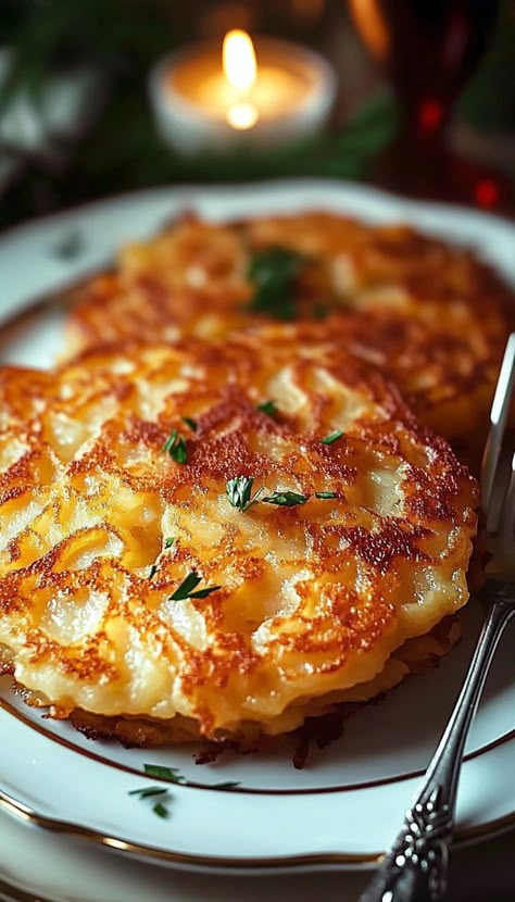 Enjoy the crispy, golden perfection of these German potato pancakes, made from grated potatoes, onions, and a touch of seasoning. This savory treat is perfect as a side dish or a satisfying snack. Crispy on the outside and tender on the inside, these pancakes will quickly become a favorite at your table. Crispy Potato Pancakes, Potato Pancakes Recipe, German Breakfast, German Potato Pancakes, Crispy Pancakes, Onion Pancake, German Pancakes, German Potatoes, German Potato