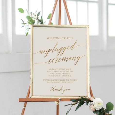 $11 | Elegant Gold Calligraphy Ivory Unplugged Ceremony - unplugged ceremony sign, elegant wedding sign, fall no cell phone sign, calligraphy no cameras sign, simple wedding ceremony signage, gold foil, ivory and gold, cream and gold whimsical typography, romantic minimalist k023, neutral modern chic Gold Frame Signs Wedding, Phone Free Ceremony Sign, Unplugged Ceremony Sign Gold Mirror, Welcome Sign Gold Frame, No Cell Phone Sign, Un Plugged Ceremony Sign, Ceremony Signage, Whimsical Typography, Gold Calligraphy