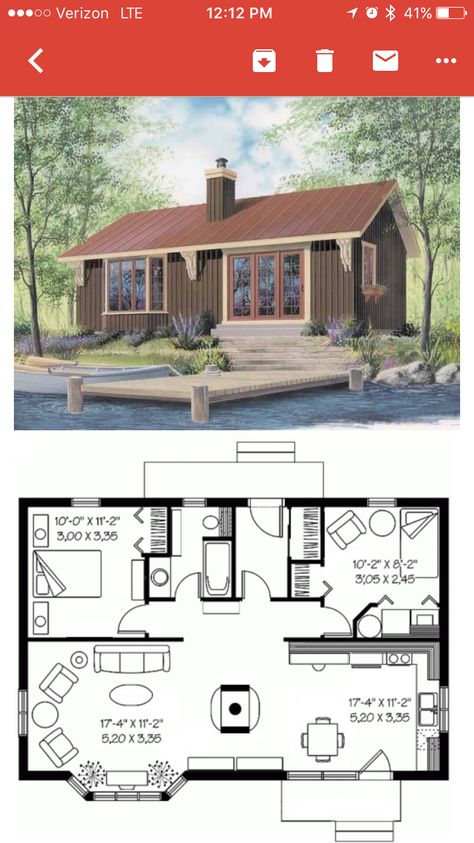 Winter Cabin Layout, Cabin 2 Bedroom Layout, One Bed Cabin Floorplan, Floor Plan 1 Bed Cabin Fireplace In Middle, Small Cabin Big Windows, House With Fireplace, Simple Cottage, Small Cabin Plans, Small Cottage House Plans