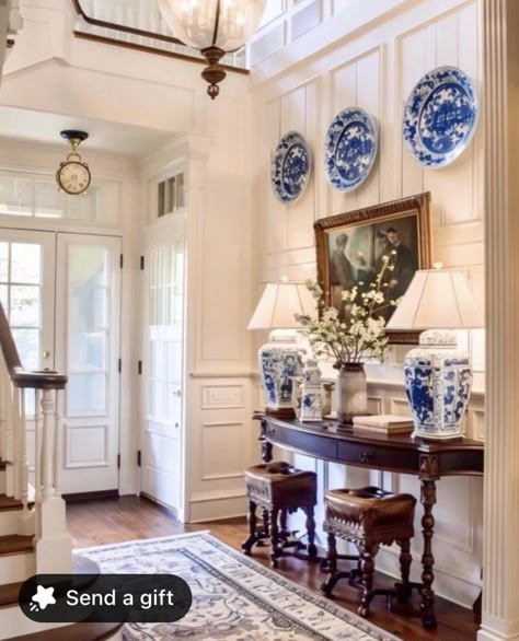 Hall Aesthetic House, Entryway Table Traditional, Foyer Ideas Entryway Traditional, Blue And White Foyer, French Country Foyer, Layering Decor, Entry Table Styling, Styling Entryway, Bright Entryway