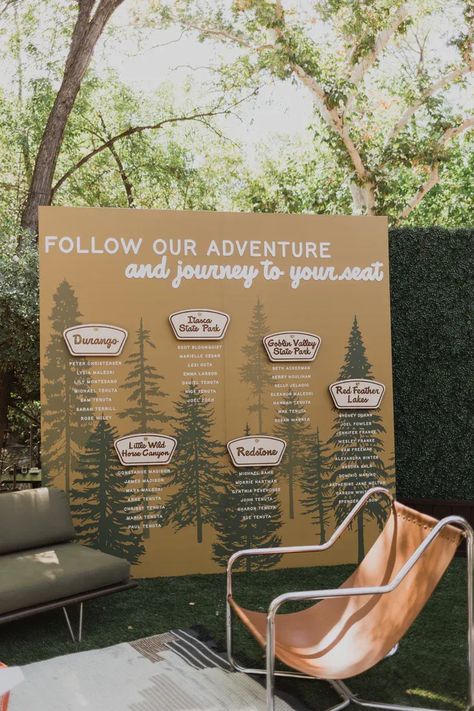 National park themed wedding with unique forest seating chart and mid-century modern furniture in the cozy guest lounge Modern Woodland Wedding, Outdoorsy Wedding Theme, Wedding Adventure Theme, Outdoorsy Themed Wedding, National Parks Wedding Theme, Wedding National Park Theme, Camp Seating Chart, National Park Wedding Decor, Adventure Seating Chart