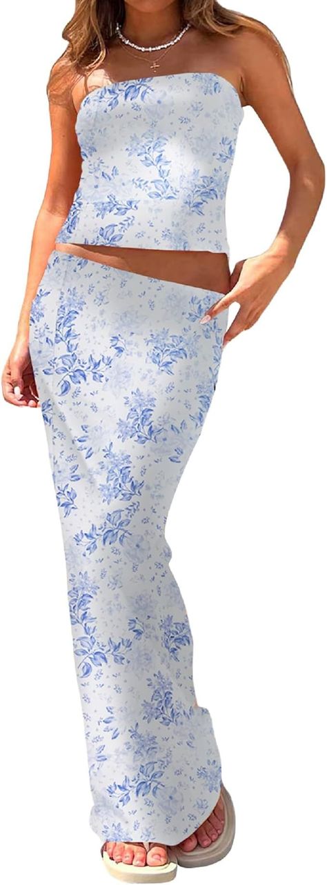 Strapless Crop Tube Top Bodycon Maxi Skirt Y2k Two Piece Outfit Beach Wear Bodycon Long Skirt, Summer Matching Sets, Long Skirt Set, Long Skirt Casual, 2000s Clothing, Skirt Y2k, Tube Tops, Ankle Length Pants, Floral Sleeveless