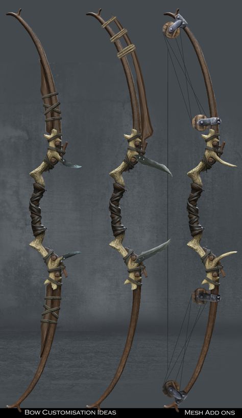 Post Apocalyptic Bow And Arrow, Archer Bow Design, Fantasy Bow Concept Art, Longbow Art, Bow And Arrow Concept Art, Bow Concept Art, Bow Fantasy, Fantasy Bow, Steampunk Witch