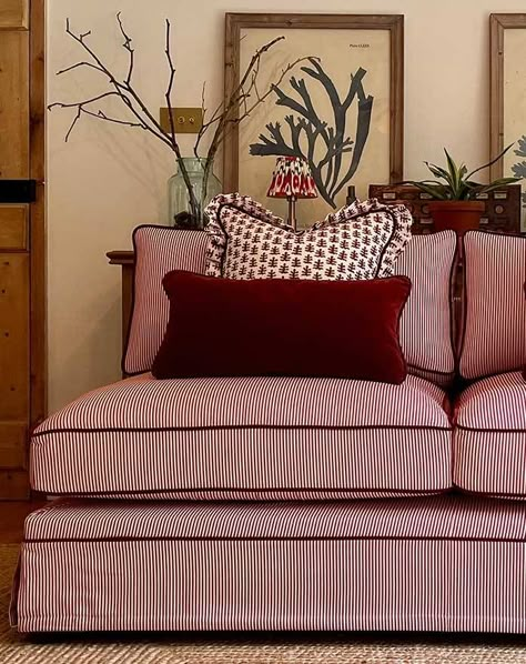 Striped Couch, Red Apartment, Floral Couch, Traditional Sofas, Sofa Styles, Striped Sofa, Classical Furniture, Timeless Interiors, Pink Living Room