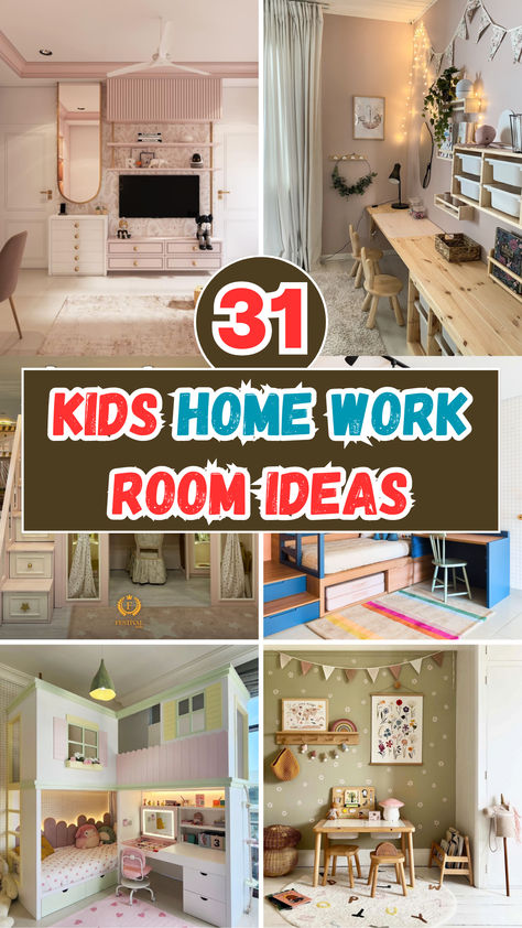 Looking to create the perfect homework space for your kids? Check out these 31 inspiring ideas for a fun, organized, and productive kids' homework room. From cozy study nooks to colorful, motivational setups, these ideas will make homework time a breeze! Kids Study And Playroom Ideas, Homework Room For Kids, Homework Space For Kids, Office With Kids Area, Homeschool Desks For Multiple Kids, Study Room Design For Kids, Play And Study Room Ideas, Playroom With Desk, Kids Desk Wall