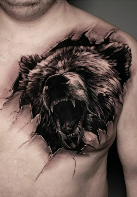 Nature Chest Tattoos For Men, Bear Tattoos For Men Chest, Chest Tattoo Cover Up Ideas, Realistic Back Tattoo, Grizzly Bear Tattoos For Men, Chest Tattoo Bear, Peck Tattoos For Men, Big Bear Tattoo, Half Chest Tattoo Men Ideas