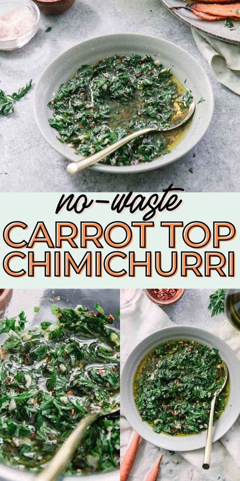 Carrot Top Chimichurri, What To Do With Carrot Tops, Carrot Leaves Recipes, Recipe Using Carrots, Carrot Leaves, Recovery Recipes, Carrot Tops, Garden Dinner, Chimichurri Recipe