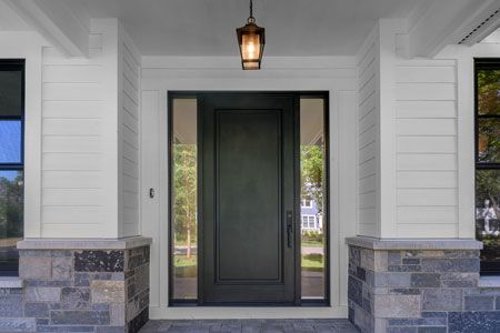 Single panel front entry door with full clear glass sidelights in rich espresso finish. Front Door Sidelights, Espresso Furniture, Cellar Doors, Solid Wood Entry Doors, Entry Door Designs, Exterior Door Designs, Custom Entry Doors, Custom Interior Doors, Modern Entrance Door