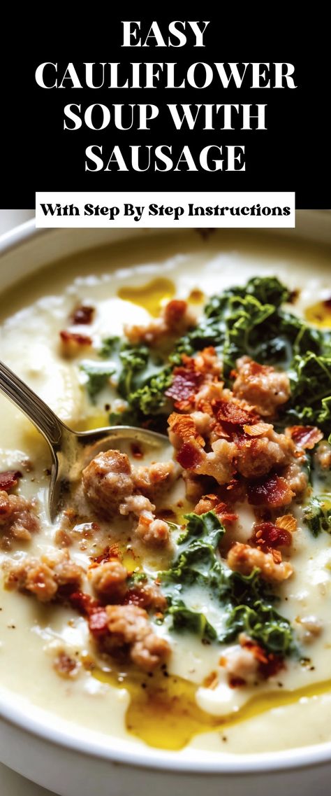 Image for Easy Cauliflower Soup with Sausage Cauliflower Sausage Kale Soup, Califlower Recipes Sausage Soup, Best Cauliflower Soup, Easy Cauliflower Soup, Soup With Sausage, Sausage And Kale Soup, Cottage Meals, Healthy Comfort Food Recipes, Stews Recipes