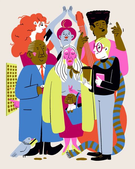 moment full of stories: this digital illustration captures the diversity of personalities inside an elevator with a vibrant and expressive style. Each character tells a story, showing unique emotions and attitudes. Perfect for those who love contemporary illustration with a strong narrative touch. Lucila Perini, Colorful Illustration, Contemporary Illustration, Illustration Agency, Digital Storytelling, The New Yorker, Personalities, Character Illustration, Digital Illustration