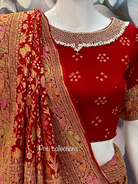 Red bandhani saree with blouse Ready to wear #saree #bandhani #kundanmeena #shoping Bandhni Blouse Pattern Latest, Bandhani Silk Blouse Designs, Bandhani Blouse Design Indian Designers, Bandhani Blouse Pattern Latest, Blows Pattern Latest, Bandhani Blouse Work Design, Bandhni Blouse Work Designs, Bhadhani Sarees Blouse Design, Bandhani Blouse Design Pattern