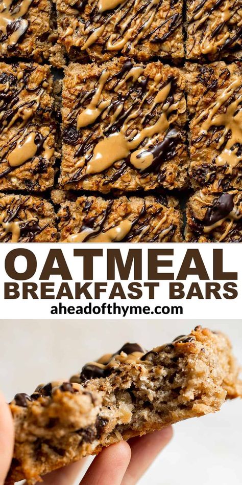 Oatmeal Breakfast Bars are chewy, filling, and delicious. Packed with simple, healthy ingredients like oats, peanut butter, and bananas, these bars are nutritious enough to start your day. They are great when you need a quick, healthy breakfast on-the-go or a snack that the whole family will love — kids too!. Think warm, comforting bowls of oatmeal, but in bar form. | aheadofthyme.com #breakfastoatmealbars #oatbars #oatsquares #breakfastbars #oatmealbars via @aheadofthyme Banana Chocolate Oatmeal, Soup Shots, Banana Oatmeal Bars, Oatmeal Bars Healthy, Chocolate Oatmeal Bars, No Bake Oatmeal Bars, Peanut Butter Oatmeal Bars, Oatmeal Breakfast Bars, Baked Oatmeal Recipes