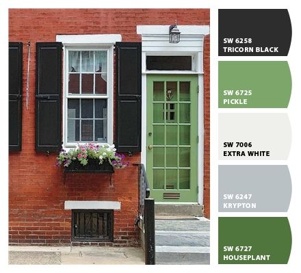 Now I know I need Sherwin Williams "pickle." Love the name! :) Brick Home Update, Green Door Brick House, Brick House Trim Colors, Brick Color Scheme, Front Door Brick House, House Exterior Brick, Front Door Color Ideas, Door Color Ideas, Green Front Door