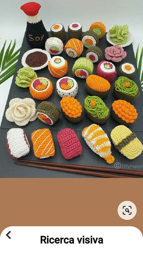 Crocheted Sushi, Sushi Crochet, Crochet Sushi, Food Asian, Crochet Tutorial Pattern, Bead Embroidery Tutorial, Crochet Food, Fun Crochet Projects, Play Food