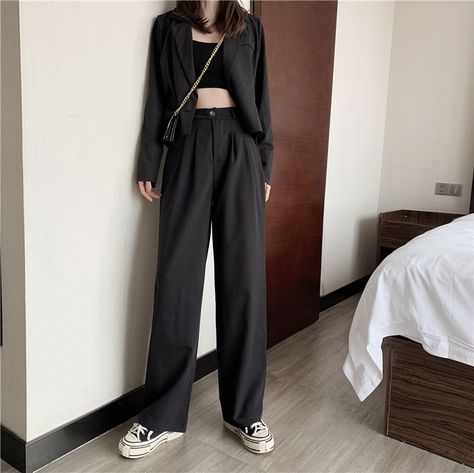 Yako High-Waist Plain Wide-Leg Pants | YesStyle Wide Pants Outfit, Fashion Trousers Women, Loose Pants Outfit, Wide Leg Pants Outfit, Looks Pinterest, Outfit Korean, Korean Girl Fashion, Ulzzang Fashion, Looks Chic