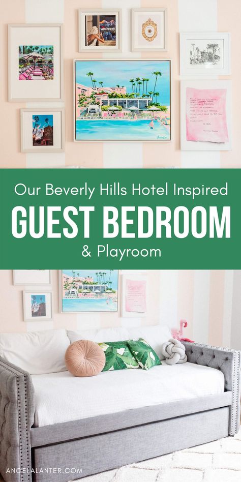 Playroom and Guest Room Combo. Ideas to organize kid's toys, save space and have an awesome room for our guests. Decoration inspired in Beverly Hills Hotel. "Press for Champagne" button included. Angela Lanter #AngelaLanter Playroom And Guest Room Combo Ideas, Kids Room And Guest Room Combo, Guest And Playroom Combo, Spare Room Playroom Combo, Guest Playroom Combo, Guestroom Playroom Combo Room Ideas, Guest Room And Playroom Combo, Kids Bedroom Playroom Combo, Guest Bedroom Playroom Combo