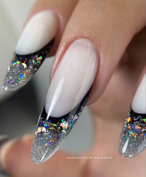 French And Glitter Nails, French Reverse Nails, Reverse Nails, Silver French Nails, Reverse French Nails, Fantasy French, Reverse French, Aqua Nails, Fantasy Nails