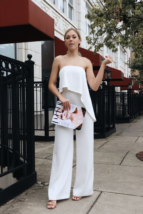 Luxury White Strapless Jumpsuit For Summer, Chic White Backless Jumpsuit, White Strapless Jumpsuit Wedding, Luxury Chic White Strapless Jumpsuit, Bridal White Dress, White Jumpsuit Outfit, Chic White Wide-leg Jumpsuits And Rompers, Jumpsuit Wedding, White Jumpsuit Wedding