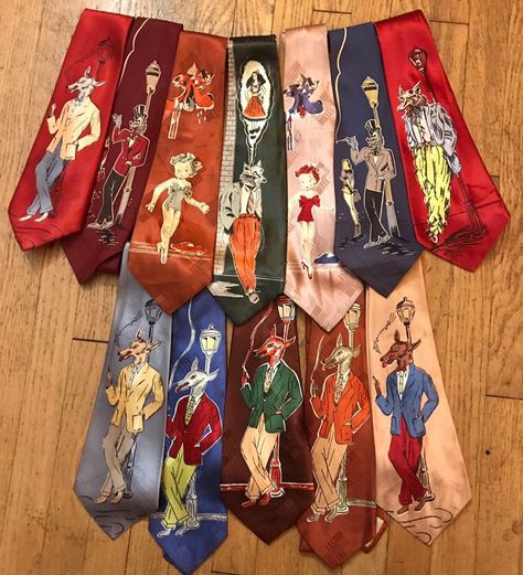 Vintage 1940s wolf necktie collection. Mens Fashion Vintage, Rockabilly Outfits, Vintage Mens Fashion, Vintage Clothing Men, Cool Ties, Clothing Men, Cooler Look, Neck Ties, Fashion Vintage