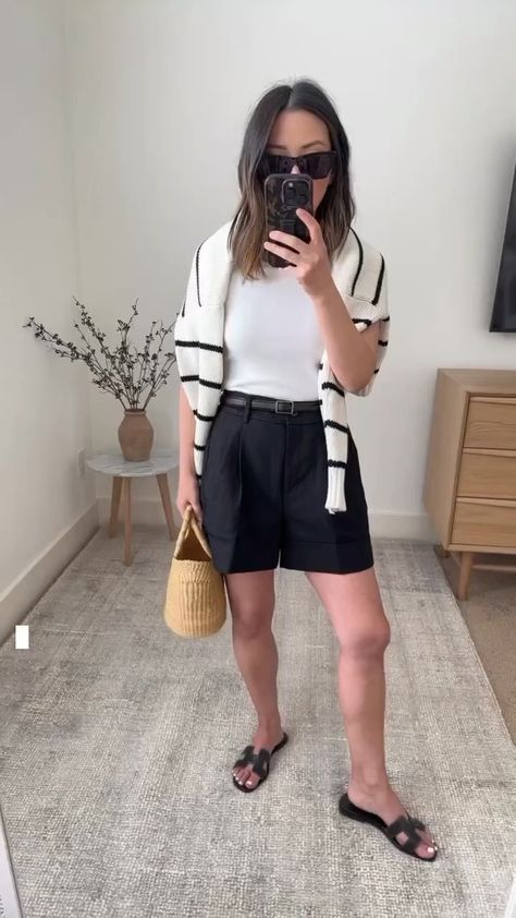 High-waisted Linen Bermuda Shorts For Day Out, Chic Black High-waisted Bermuda Shorts, Chic Beige High-waisted Bermuda Shorts, Classic Bermuda Shorts With Built-in Shorts, Chic Black Bermuda Shorts With Built-in Shorts, Chloe Sweater, Hermes Oran Sandals, Jenni Kayne, Pleated Shorts