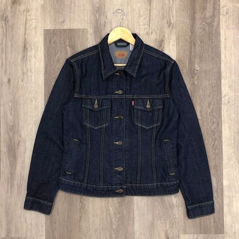 Levi's Dark Blue Denim Jacket Dark Wash Levis Jacket, Dark Blue Denim Jacket Outfit, Blue Denim Jacket Outfit, Levi Jean Jacket, Dark Blue Denim Jacket, Groovy Clothes, Dark Wash Denim Jacket, 1st June, Dark Denim Jacket