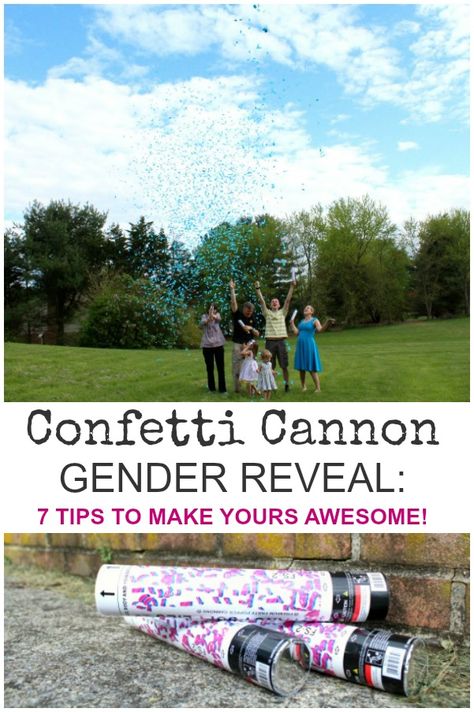 Confetti canon gender reveal party: 7 tips to make yours awesome! Plus the link to the confetti poppers we used, and why we chose them. #genderreveal #genderrevealideas Cannon Gender Reveal, Confetti Cannon Gender Reveal, Diy Party Poppers, Gender Reveal Poppers, Sibling Gender Reveal, Confetti Cannon, Gender Reveal Photos, Confetti Gender Reveal, Confetti Poppers