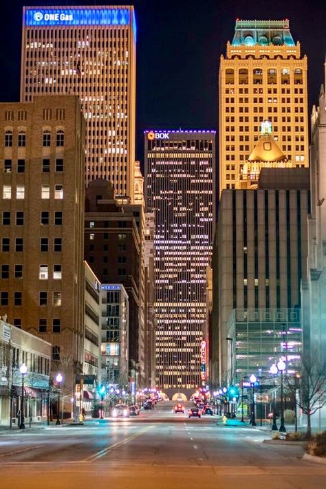 Driving through Downtown Tulsa, OK. at night. February 9, 2017.   Photo provided by Dave Keener. Tulsa Oklahoma Aesthetic, Traveling Woman, Downtown Tulsa, Adventurous Life, Laptop Backgrounds, Architecture Landmark, Urban Aesthetic, Tulsa Oklahoma, February 9