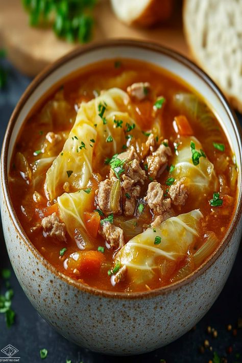 Delicious Cabbage Roll Soup Recipe Cabbage Noodle Soup, Stuffed Cabbage Roll Soup, Korean Cabbage Soup, Cabbage Recipes With Sausage, Cabbage Roll Soup Recipe, Stuffed Cabbage Soup, Renal Friendly Recipes, Easy Cabbage Rolls, Step By Step Cooking